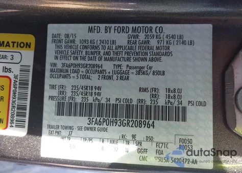 2016 Ford Fusion Se from USA, damaged, VIN 3FA6P0H93GR208964